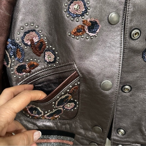 Rare Coach Shrunken Leather Varsity Jacket In Metallic Brown size 2 - Picture 3 of 11